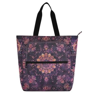 Imagem de GAIGEO Sacola roxa com estampa de mandala floral para mulheres e crianças, escola, trabalho, reutilizável, bolsa para livros com zíper