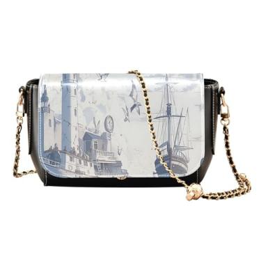 Imagem de GAIGEO Libélula em guirlanda turquesa em bolsa transversal preta com bolso, bolsas tiracolo femininas de couro, Retrô azul branco vermelho náutico, One Size