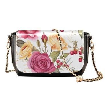 Imagem de Rosas vermelhas aquarela em bolsa transversal branca com alça de corrente, presentes de couro para mulheres, Aquarela de rosas vermelhas em branco-2, One Size