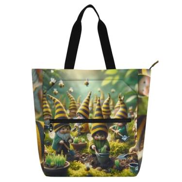 Imagem de Bolsa feminina Spring Bee Gnomos, divertida, para trabalho, lona, praia, livro, com zíper, bolsas médias para amantes de livros