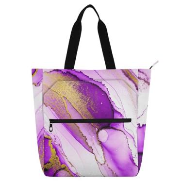 Imagem de GAIGEO Bolsa de trabalho abstrata de mármore roxo dourado para mulheres, bolsa escolar de lona com zíper, presente infantil para amantes de livros