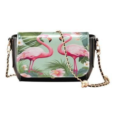 Imagem de GAIGEO Bolsa de ombro feminina de couro sintético com folhas de palmeira verde flamingos rosa tropicais, Flamingos rosa e folhas de palmeira em verde - 3, One Size