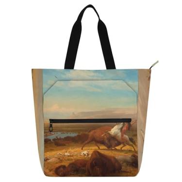 Imagem de Albert Bierstadt Bolsas de trabalho femininas com estampa de último búfalo, bolsa de lona para livros de praia, bolsa de tecido com zíper, para amantes de livros, presentes
