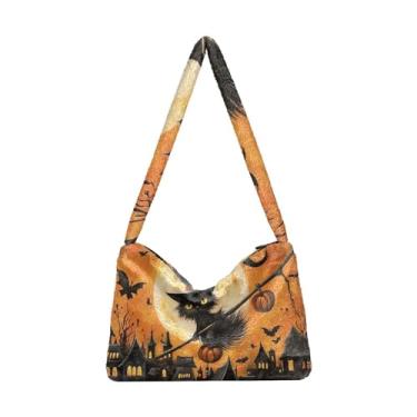 Imagem de GAIGEO Bolsa de ombro feminina floral com folhas naturais luxuosas, bolsa de ombro feminina com zíper, bolsas de outono, Gato preto voando na vassoura, One Size