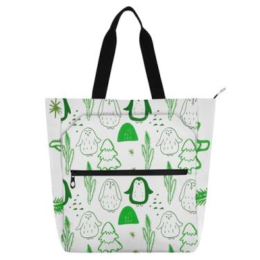 Imagem de Sacola feminina com estampa de pinguins verdes com árvores de Natal para trabalho com zíper, bolsa de escritório, presente para amantes de livros
