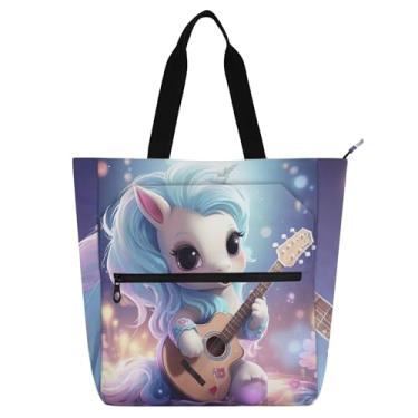 Imagem de GAIGEO Linda bolsa de trabalho feminina de unicórnio de desenho animado para guitarra, bolsa escolar de lona com zíper, presente médio para amantes de livros