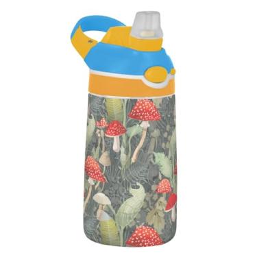Imagem de Garrafa de água infantil Tritan de 473 ml, à prova de vazamento, 473 ml, copo infantil reutilizável e portátil, alça de transporte, desenho de folhas verdes de cogumelos