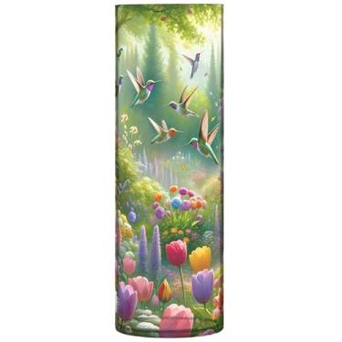 Imagem de Vaso cilíndrico de flores de jardim com beija-flores de primavera, vaso grande de plástico personalizado, decoração estética floral exclusiva, 30 cm x 9,9 cm