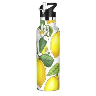 Imagem de Joisal Garrafas de água escolares isoladas para meninos, limões amarelos brilhantes, branco, floral, 590 ml, livre de BPA, garrafas de água à prova de vazamento, copos infantis de aço inoxidável com
