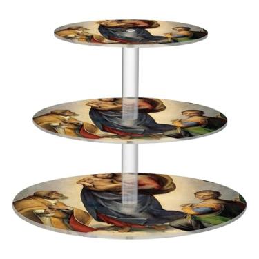 Imagem de Raphael Painting Sistine Madonna 3 camadas, suporte de cupcake para chá de acrílico, torre de bolo, aniversário, casamento, servir, suporte para sobremesa, organizador de mesa