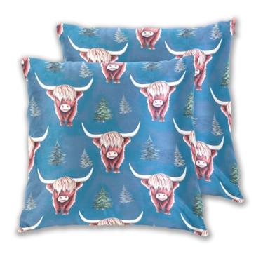 Imagem de Joitme Blue Highland Cows Xmas Trees Conjunto de 2 capas de almofada de sofá de cama fofas capas de almofadas decorativas para sofá, 40,6 x 40,6 cm, 2 peças