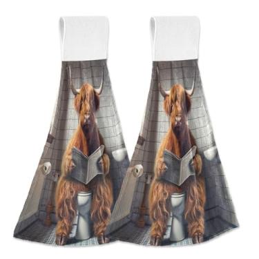 Imagem de Joitme Toalhas de mão engraçadas de vaca Highland com laços, pacote com 2 toalhas absorventes de lã coral para cozinha e banheiro