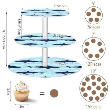 Imagem de Dark Sharks Suporte de cupcake azul claro para festa de chá de 3 níveis, copo de acrílico, torre de bolo, mesa de chá de bebê, suporte de sobremesa, decoração floral para festa de chá
