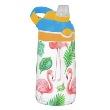Imagem de Garrafa de água esportiva infantil Tritan de 473 ml com tampa de palha, garrafa de água reutilizável para escola, copo infantil portátil de 473 ml, alça de transporte, flamingos rosa tropical