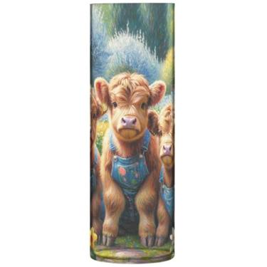 Imagem de Vaso cilíndrico bonito com pintura de vaca Highland para flores, vaso de flores redondo, bonito personalizado, mesa de centro de mesa, 30 x 9,9 cm