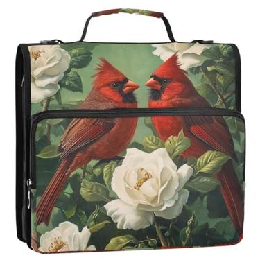 Imagem de Fichários de 3 cm com 3 anéis, para uso pesado, floral, pássaros vermelhos, fichários com zíper, com alça, bolsa escolar básica, portfólio básico e estojo para pasta de anel