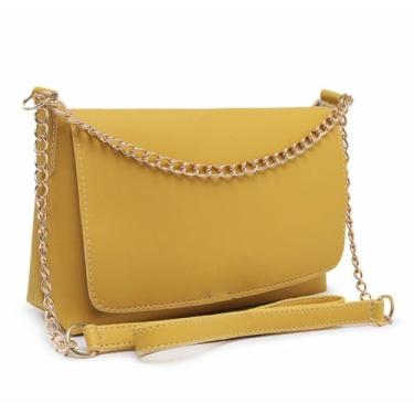 Imagem de Bolsa Transversal Feminina Elegante, Couro Sintético Preto, Alça de Corrente Dourada, Estilo Clássico (amarelo)