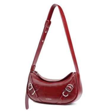 Imagem de Bolsa tiracolo feminina de couro LAFESTIN - Bolsa de alça ajustável com zíper, bolsa crescente moderna para uso diário, Vermelho