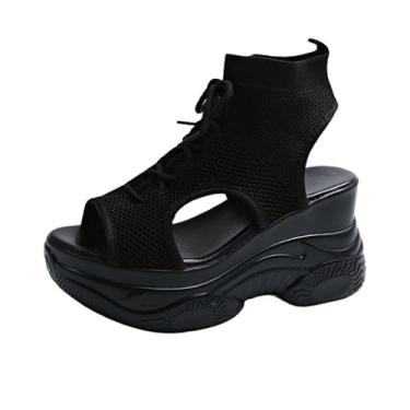 Imagem de Sandálias femininas casuais de malha com cadarço, bico de peixe, bico aberto, sola plataforma respirável, calçado arejado, Preto, 34