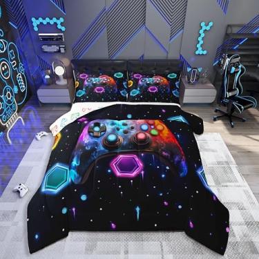 Imagem de jejeloiu Jogo de cama gamer infantil, tamanho casal, videogame, edredom para crianças, meninos, meninas, decoração geométrica, microfibra, ultramacia, respirável