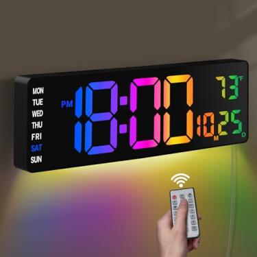 Imagem de Pytha Sight Relógio de parede digital de 40,6 cm, relógio de parede LED grande com controle remoto, 9 cores RGB, regulação automática, contagem regressiva, temperatura, relógios de parede para sala de