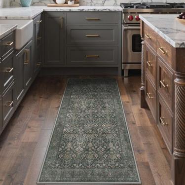 Imagem de Bavni Tapete de corredor de 6 x 15 cm para corredores, tapete lavável antiderrapante, estilo estampa floral vintage para quarto - Tapete leve de pelo baixo para corredores e banheiro, verde escuro