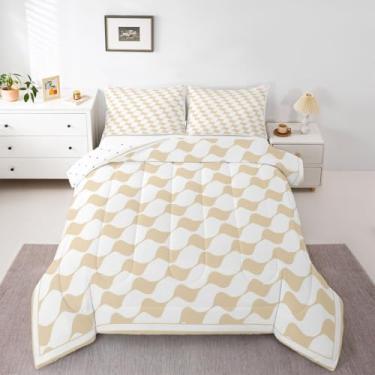 Imagem de Conjunto de cama king com grade branca bege, triangular, geométrico, xadrez, buffalo, para crianças, pré-adolescentes, adultos, quarto de fazenda, guingão, decoração reversível