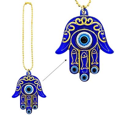 Imagem de LUCKBOOSTIUM Ornamento para pendurar carro olho turco em amuleto de mão Hamsa azul e corrente de bola de ouro - símbolo de boa sorte, saúde e proteção espiritual - acessórios para casa, bolsa, bolsa e
