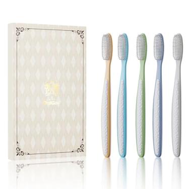 Imagem de OralGos Escova de Dentes Profissional de Cerdas Macias, Kit com 5 unidades, Cabeça Larga, para Gengivas Sensíveis, Limpeza Profunda, Portátil para Casa e Viagem, Cabo Antiderrapante de Couro