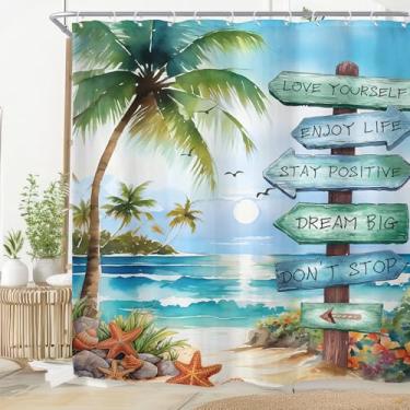 Imagem de Riyidecor Cortina de chuveiro de palmeira tropical para decoração de banheiro 182x198A longa praia azul-petróleo oceano mar litoral náutico pôr do sol botânico arte impressa tecido poliéster