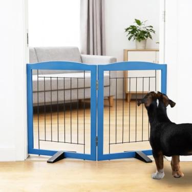 Imagem de ZJSF Cerca interna independente para cães, portão dobrável para portas, escadas ou corredores, portão extra largo de madeira resistente para animais de estimação com pés de suporte para casa, azul, 61