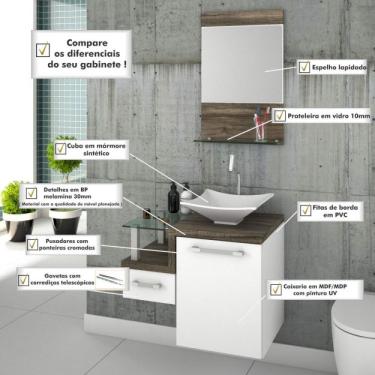 Imagem de Conjunto para Banheiro Gabinete com Cuba de Apoio Folha L34 e Espelheira Legno 631w Branco/carvalho Dark