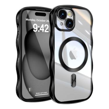 Imagem de UEEBAI Capa para iPhone 13/14, linda capa magnética de celular com moldura ondulada compatível com Magsafe, capa de telefone galvanizada macia para mulheres e meninas - preta