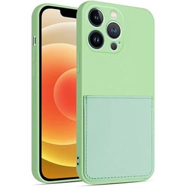 Imagem de AEHON GLUDGOAT Capa compatível com iPhone 13 Pro, com porta-cartão, capa de silicone líquido à prova de choque, forro de microfibra macia anti-arranhões, cinza grama (cor: verde)