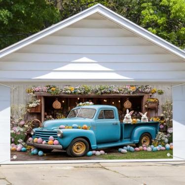 Imagem de Capa de banner de porta de garagem de páscoa 4,6 x 1,8 m decoração vintage caminhão azul engraçado coelho colorido ovos de madeira porta de garagem pano de fundo para primavera férias flores fofas