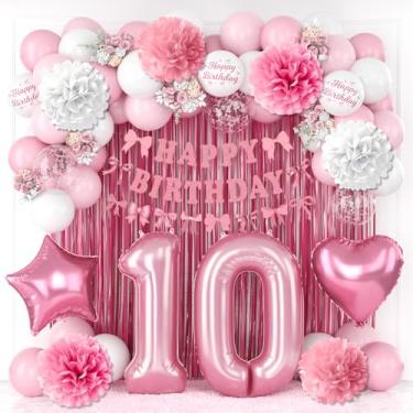 Imagem de Decorações de aniversário de 10 anos para meninas rosa número 10 balão arco coquete feliz aniversário banner cortina de franjas papel pompons estrela coração folha balões rosa branco balões decoração