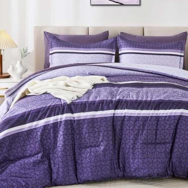 Imagem de Conjunto de edredom WONGS BEDDING King Size, roxo, listrado, 7 peças