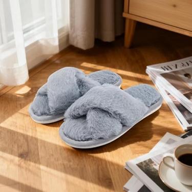 Imagem de Chinelos femininos em forma de cruz, dedos expostos, em forma de cruz, de pelúcia, quente, inverno, interior e exterior, Azul, 5-6.5 Women/3.5-5 Men