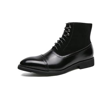 Imagem de Botas sociais masculinas de salto baixo com cadarço Oxford até o tornozelo, botas casuais de couro PU com bico cavado, botas Chukka, Preto, 40
