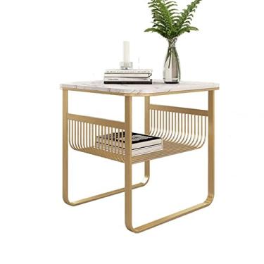 Imagem de Mesa lateral moderna mesa de cabeceira com moldura de metal, mesa de canto de 2 camadas com prateleira de armazenamento, sofá moderno e mesa de centro pequena, prateleira de exibição para quarto, sala
