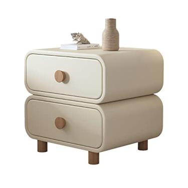 Imagem de Mesa de cabeceira exclusiva de couro sintético, mesa de cabeceira com 2 gavetas, mesa de cabeceira de madeira com pé de madeira, estilo moderno para móveis de armazenamento de quarto, 49,8 cm A