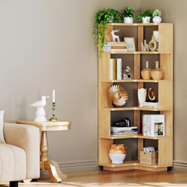 Imagem de CozyDH Prateleira de canto para livros, estante de canto de 5 camadas com defletor, suporte independente em forma de L para escritório em casa, sala de estar, quarto, cozinha, natural