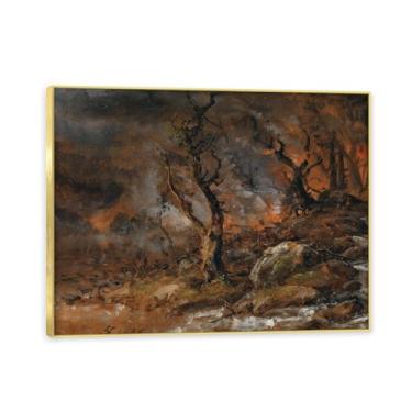 Imagem de NHLDZYH Moldura dourada. Reprodução de arte famosa de J.C. Dahl, arte em tela de paisagem romântica nórdica, decoração de parede elegante para sala de estar, escritório, pronto para pendurar. (Fogo