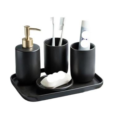 Imagem de KHUTRW3D Conjunto de acessórios de banheiro para garrafa de sabonete, 5 peças inclui: 1 dispensador de sabonete de loção, 2 copos de enxaguante bucal, 1 saboneteira e 1 bandeja, conjunto de acessórios