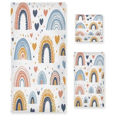 Imagem de xigua Conjunto de toalhas de banheiro arco-íris e corações absorvente macio 3 peças toalha de banho toalha de mão toalhas decorativas para banheiro, academia, hotel, praia, piscina