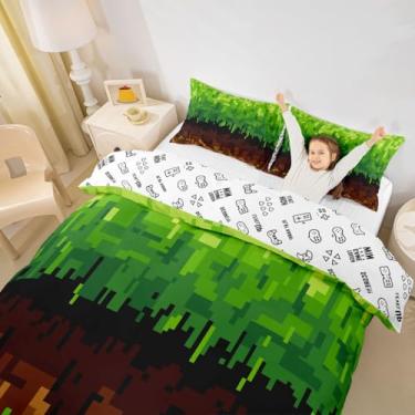Imagem de Manfei Conjunto de capa de edredom Pixelated tamanho casal, jogo de cama infantil de videogame quadriculado de patchwork, decoração de quarto simples, capa de edredom verde marrom, 2 fronhas (sem