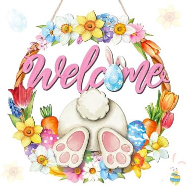 Imagem de Yalikop Guirlanda de Páscoa para porta da frente, coelhinho, placa de madeira de boas-vindas, decoração de parede, decoração de parede, placa de coelho vazada, para festa em casa, ao ar livre, varanda