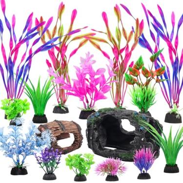 Imagem de QUOZUO Conjunto de 16 peças de decoração de plantas artificiais de plástico para aquário e barris quebrados, acessórios coloridos para aquários, ornamentos de esconderijo, conjunto de decoração de