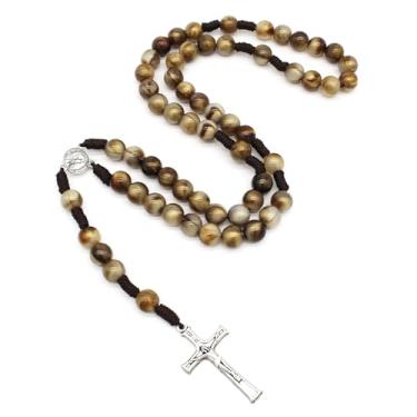 Imagem de VKSG Colar de rosário católico, contas de madeira marrom feitas à mão de 10 mm com cruz crucifixa, amuleto de medalha de Santa Maria para mulheres e homens, presente de confirmação de primeira