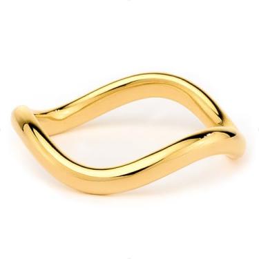 Imagem de STORYJEWELLERY Anéis banhados a ouro para mulheres, anéis empilháveis para mulheres, aliança de casamento curvada, anel de onda, anel de declaração, presentes para ela, 9, Banhado a latão com ouro 18K